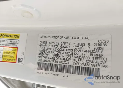 2020 Honda Accord Sport z USA, uszkodzony, nr VIN 1HGCV1F34LA082031